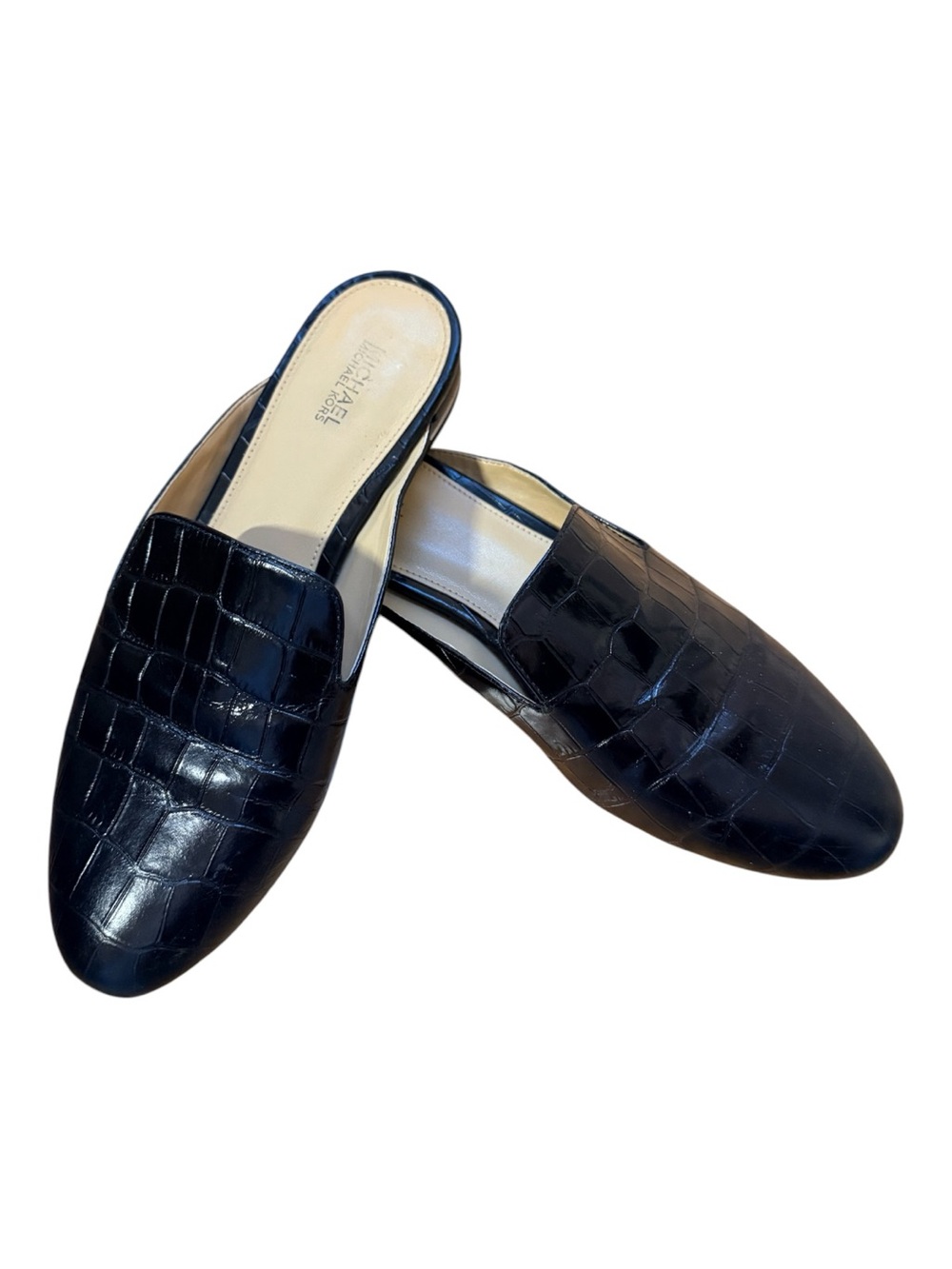 MICHAEL Michael Kors Natasha Black Croc Embossed Leather Mules Slides